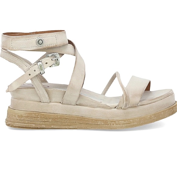 AS98 Labo Bone Leather Wrap Platform Sandals Tan Cream Buckle 37 7 7.5 - Picture 1 of 13